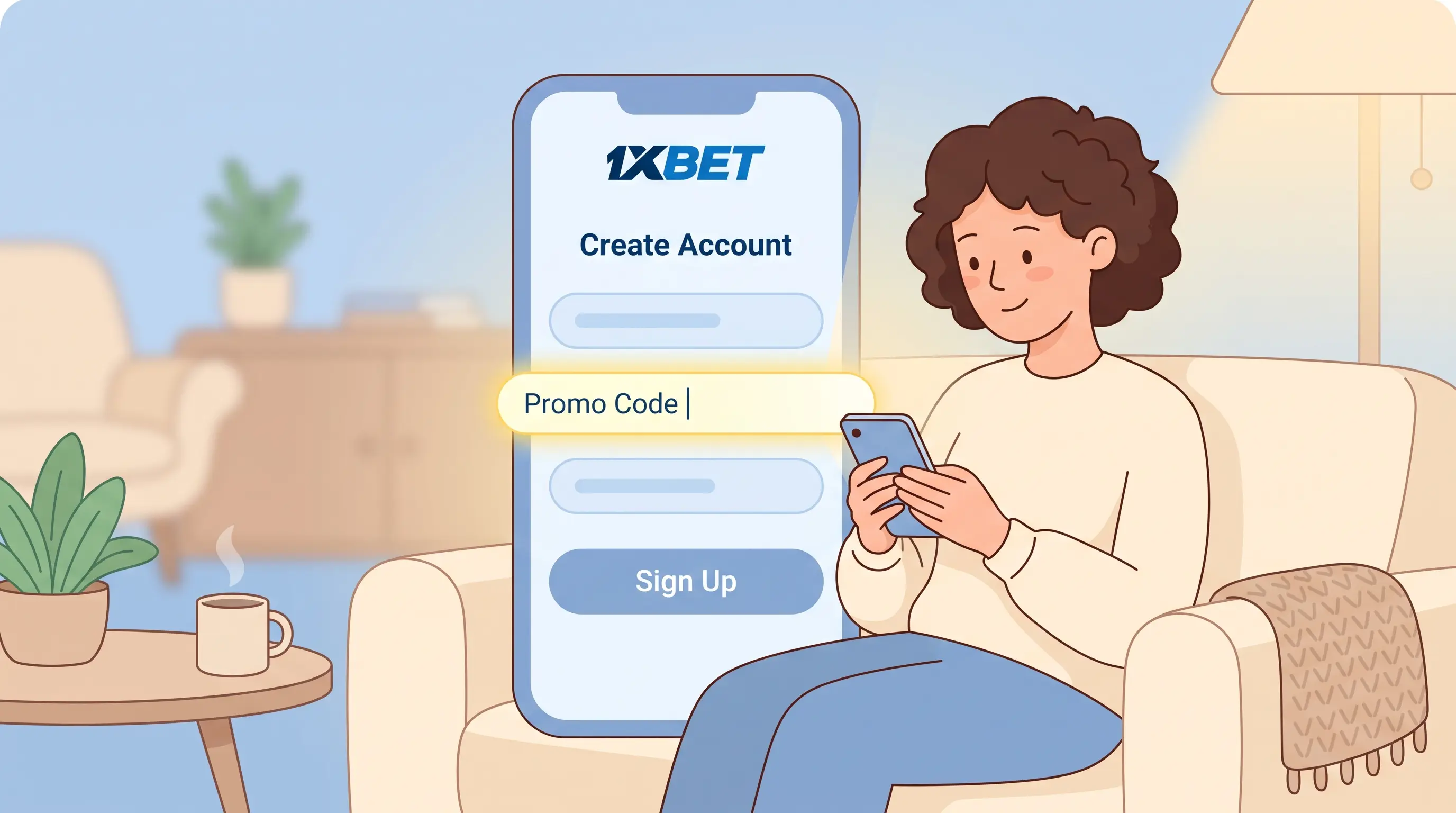 Smartphone screen showing a 1xBet promo code field on a sign-up form for Pakistan